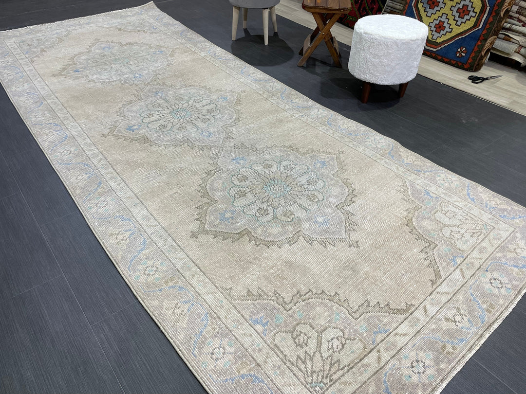 Beige Turkish Runner Rug 4' 3" x 10' 9" Hand-Knotted