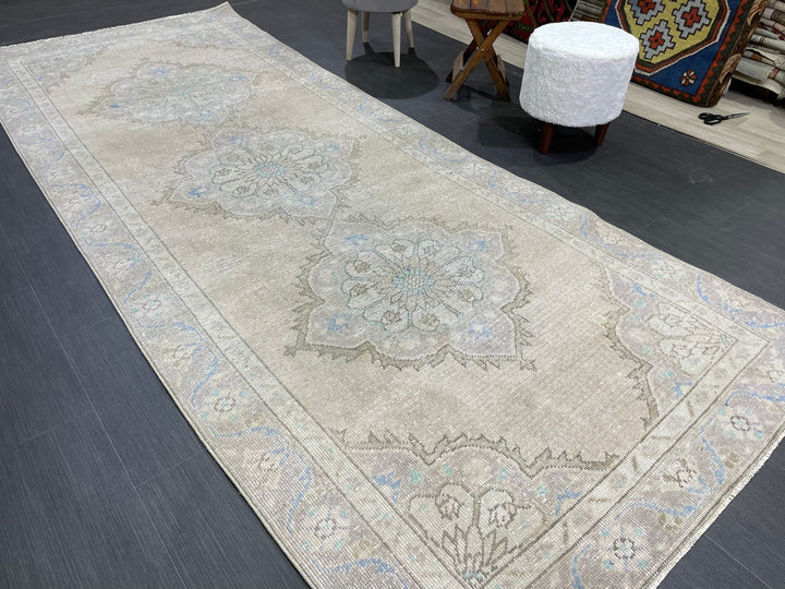 Beige Turkish Runner Rug 4' 3" x 10' 9" Hand-Knotted