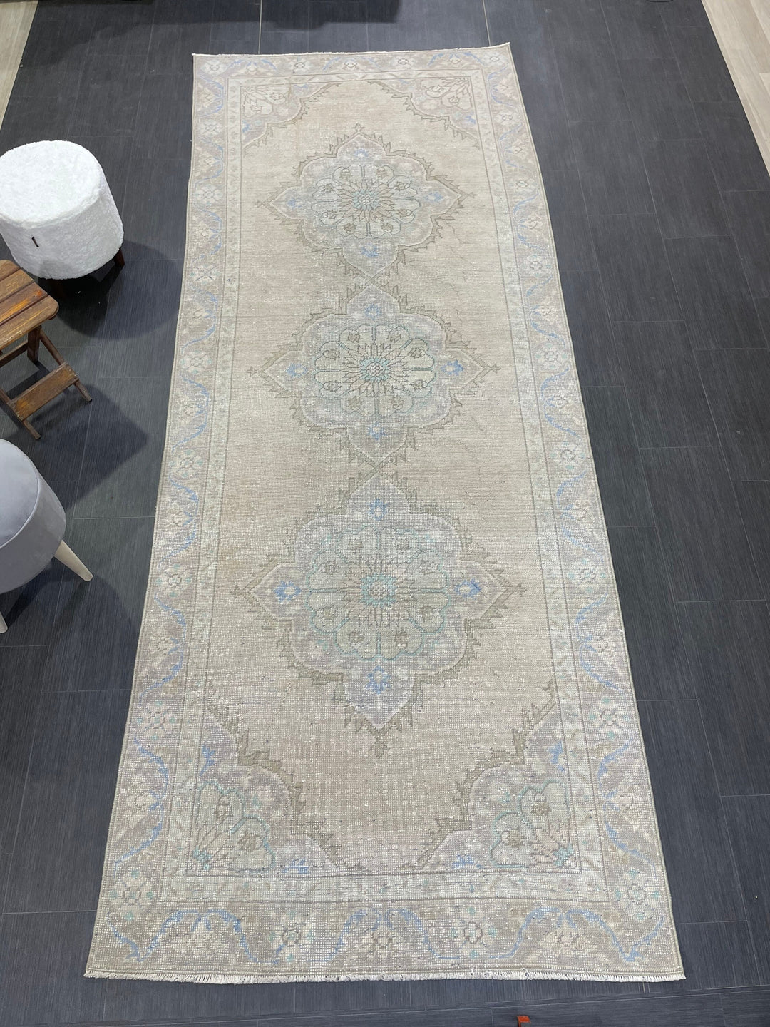 Beige Turkish Runner Rug 4' 3" x 10' 9" Hand-Knotted texture