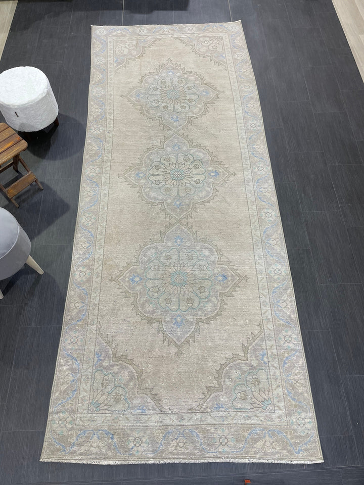 Beige Turkish Runner Rug 4' 3" x 10' 9" Hand-Knotted texture
