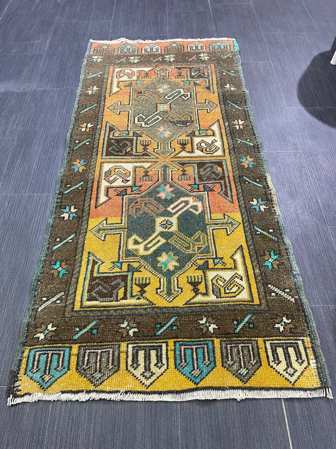 Beige Turkish Runner Rug 2' x 4' 4" Hand-Knotted border