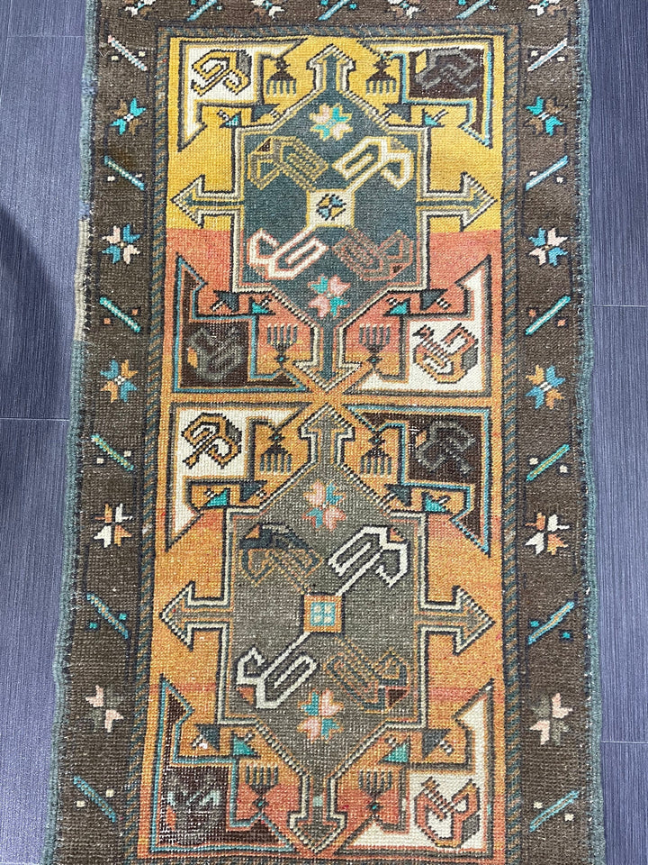 Beige Turkish Runner Rug 2' x 4' 4" Hand-Knotted field