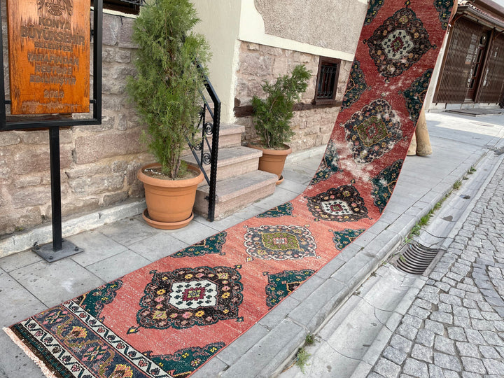 Beige Turkish Distressed Runner Rug 2' 5" x 16' 4" Hand-Knotted | No. WR69698