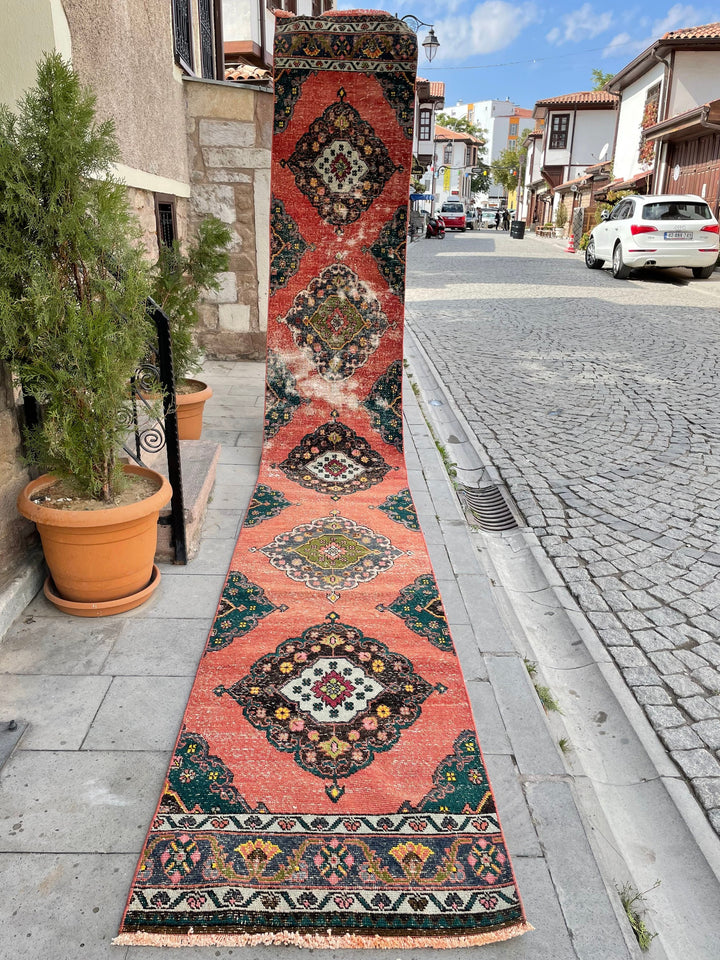 Beige Turkish Distressed Runner Rug 2' 5" x 16' 4" Hand-Knotted | No. WR69698