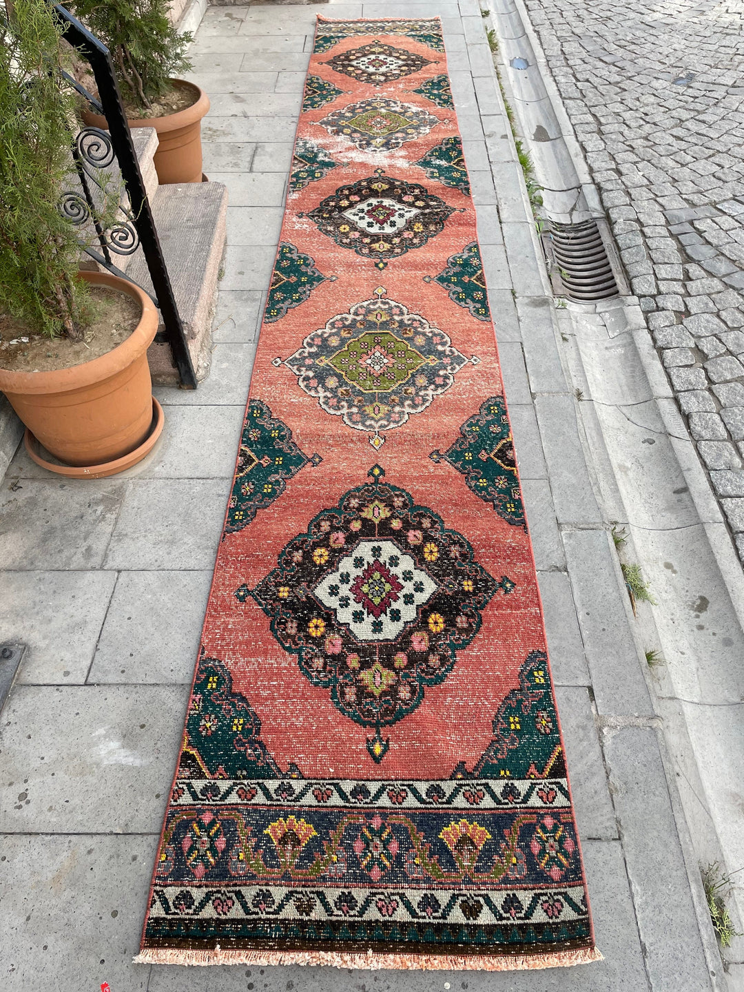 Beige Turkish Distressed Runner Rug 2' 5" x 16' 4" Hand-Knotted | No. WR69698