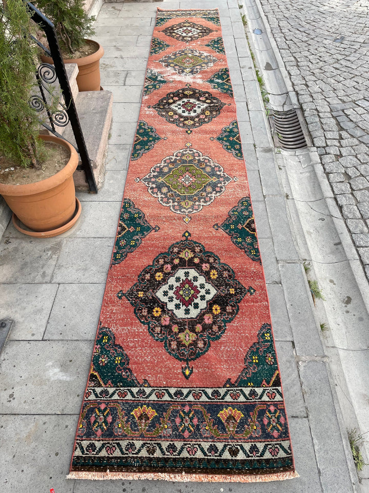 Beige Turkish Distressed Runner Rug 2' 5" x 16' 4" Hand-Knotted | No. WR69698