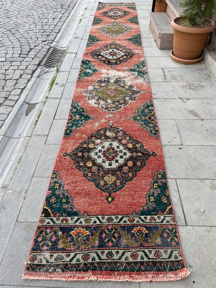 Beige Turkish Distressed Runner Rug 2' 5" x 16' 4" Hand-Knotted | No. WR69698