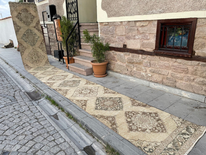 Beige Turkish Distressed Runner Rug 2' 9" x 24' 1" Hand-Knotted | No. WR76739
