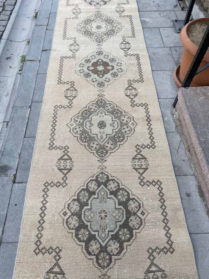 Beige Turkish Runner Rug 2' 9" x 18' 7" Hand-Knotted field