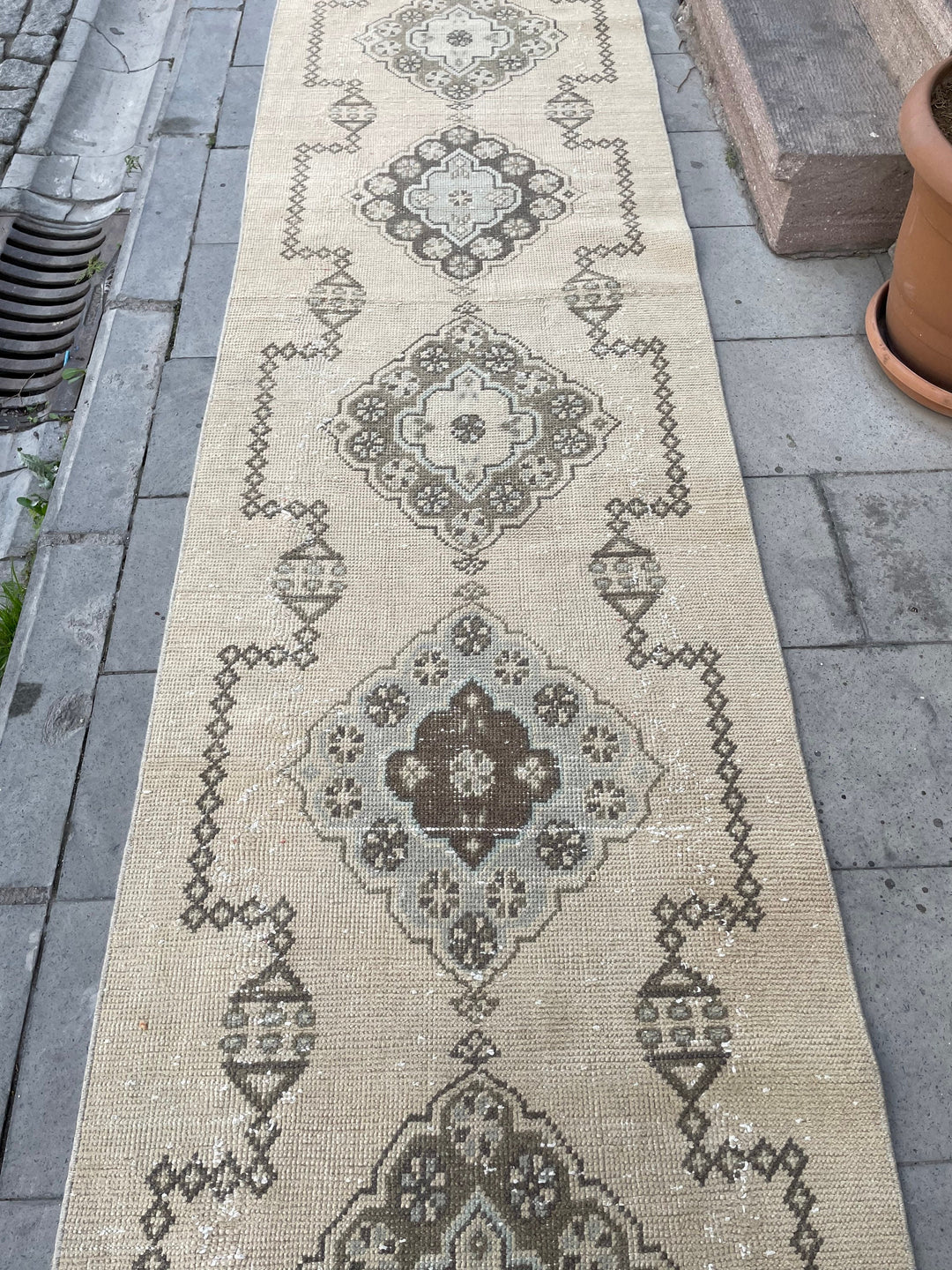 Beige Turkish Runner Rug 2' 9" x 18' 7" Hand-Knotted reverse