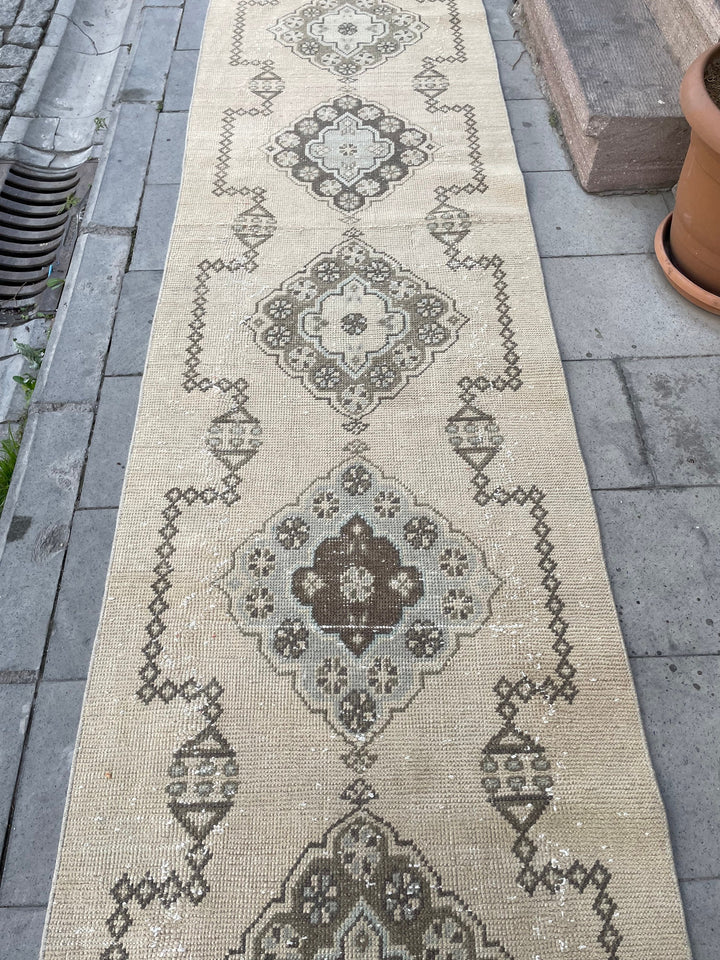 Beige Turkish Runner Rug 2' 9" x 18' 7" Hand-Knotted reverse