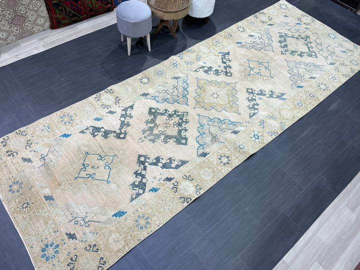 Beige Turkish Vintage Rug 4' 7" x 12' 11" Hand-Knotted