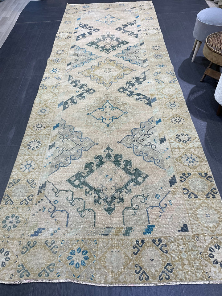 Beige Turkish Vintage Rug 4' 7" x 12' 11" Hand-Knotted field