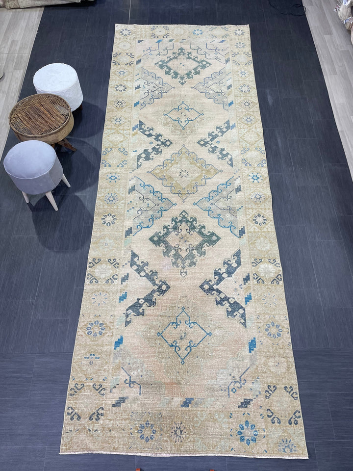 Beige Turkish Vintage Rug 4' 7" x 12' 11" Hand-Knotted reverse