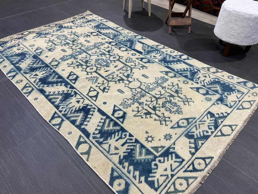 Blue Turkish Runner Rug 3' 9" x 6' 2" Hand-Knotted | No. WR90963