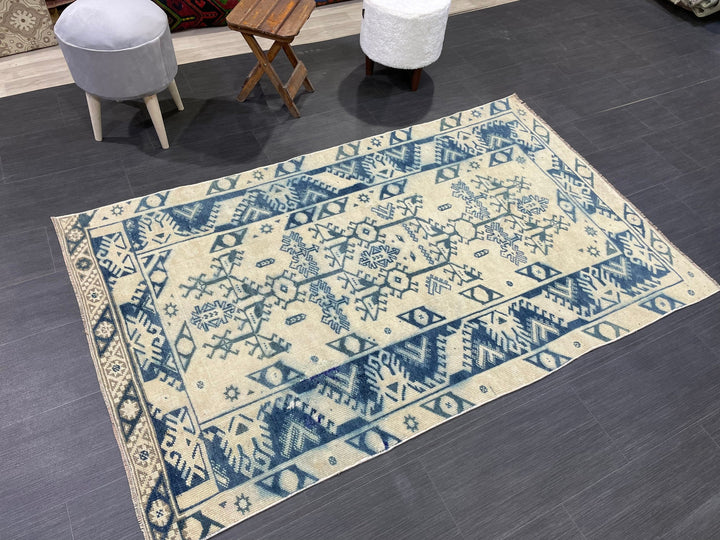 Blue Turkish Runner Rug 3' 9" x 6' 2" Hand-Knotted | No. WR90963