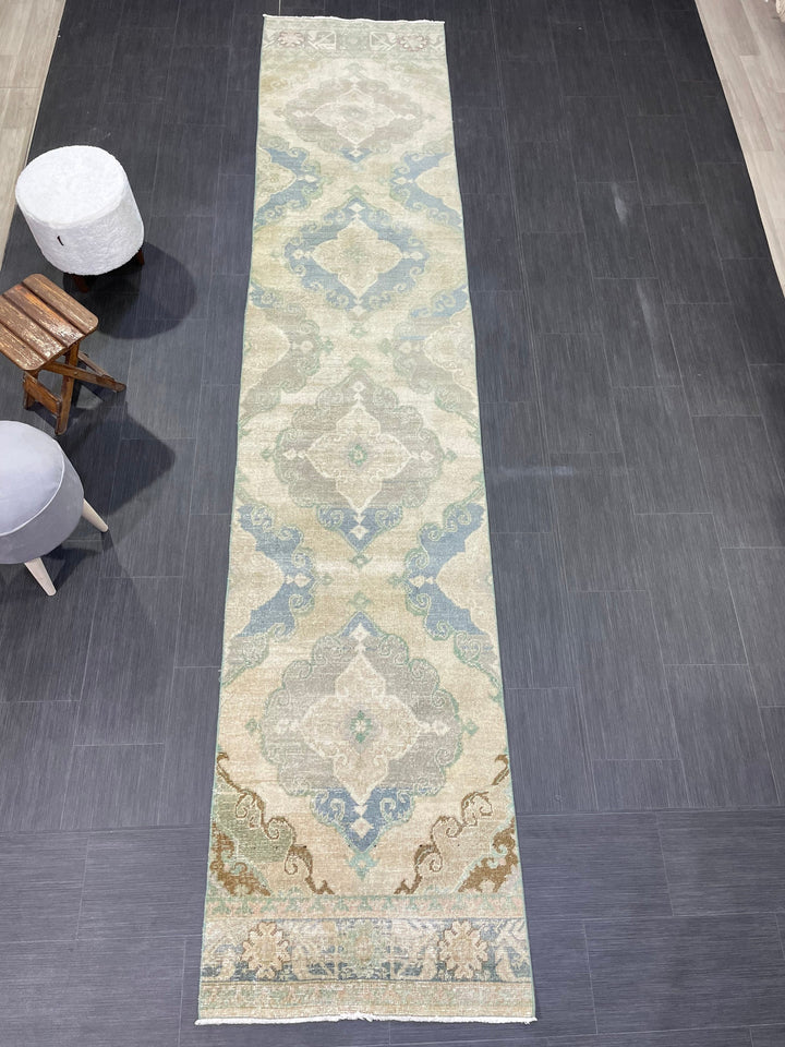 Beige Turkish Runner Rug 2' 8" x 12' 7" Hand-Knotted border