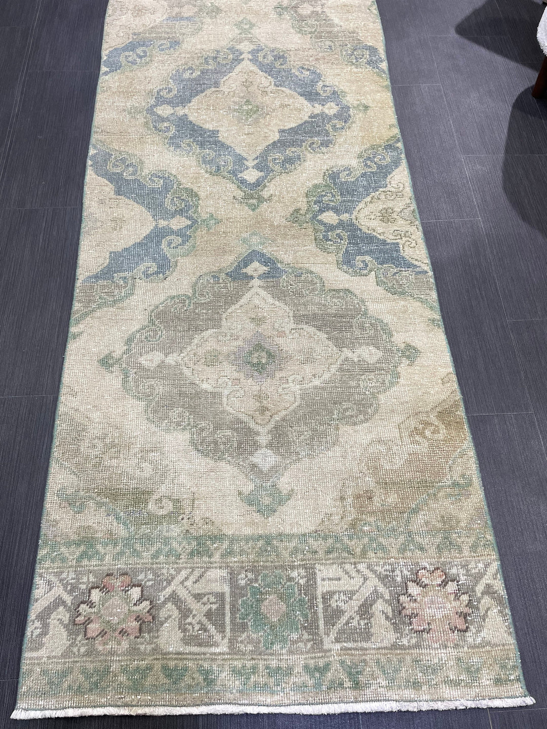 Beige Turkish Runner Rug 2' 8" x 12' 7" Hand-Knotted field