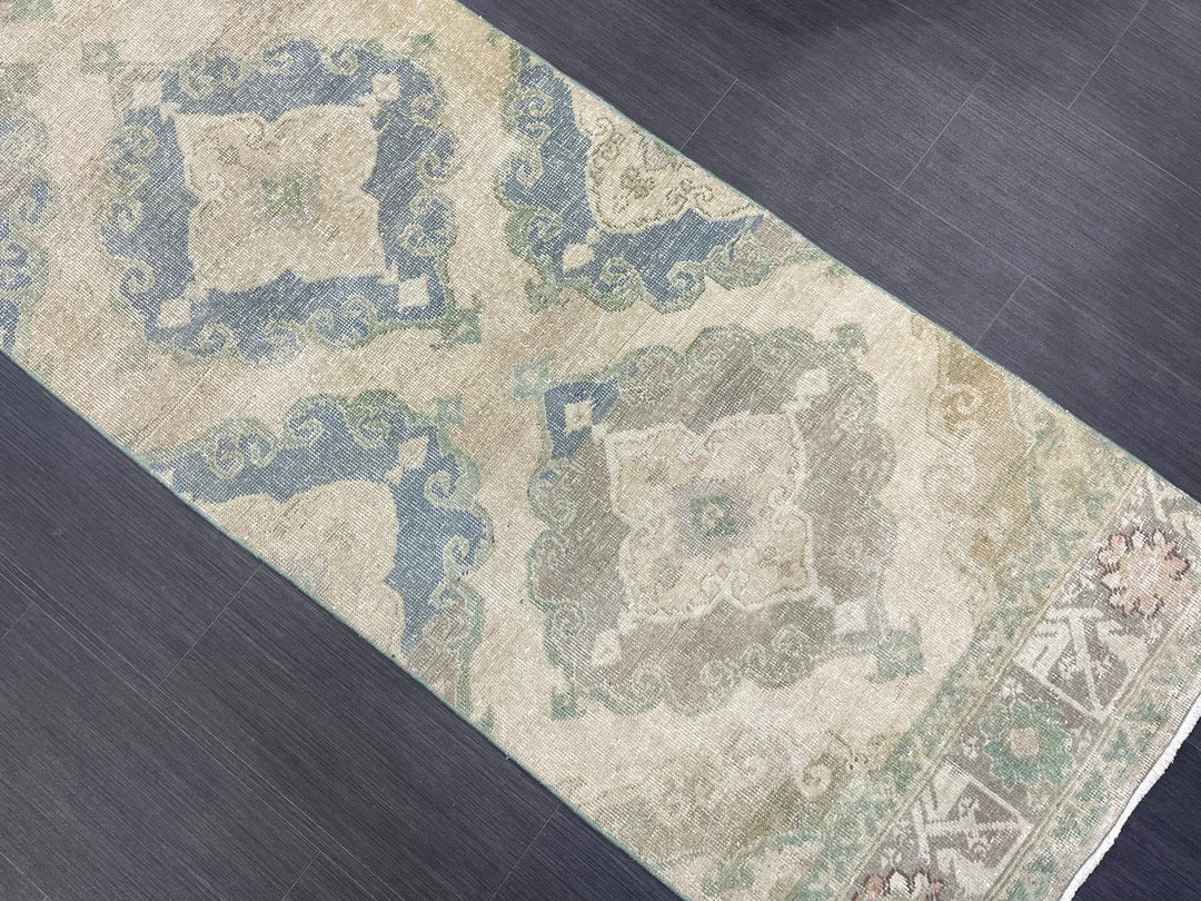 Beige Turkish Runner Rug 2' 8" x 12' 7" Hand-Knotted reverse
