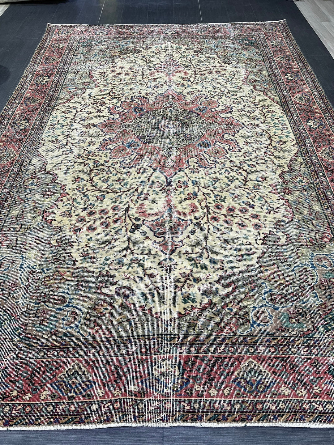 Tan Turkish Oushak Rug 7' x 10' 5" Hand-Knotted pattern
