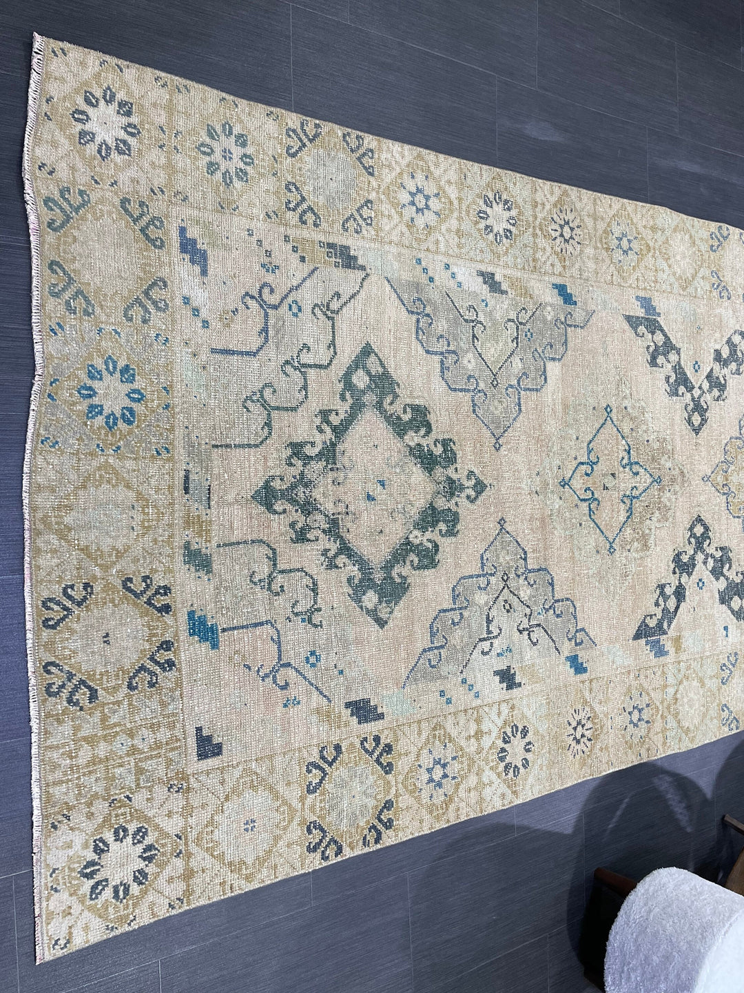 Beige Turkish Vintage Rug 4' 7" x 12' 11" Hand-Knotted pattern