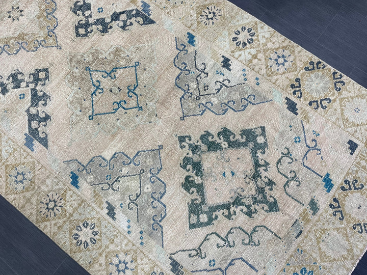 Beige Turkish Vintage Rug 4' 7" x 12' 11" Hand-Knotted border