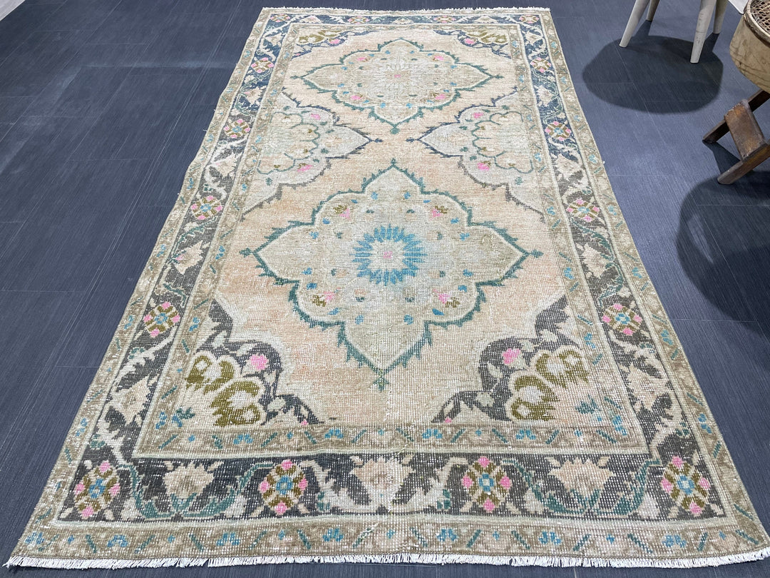 Beige Turkish Runner Rug 3' 8" x 6' 9" Hand-Knotted close-up