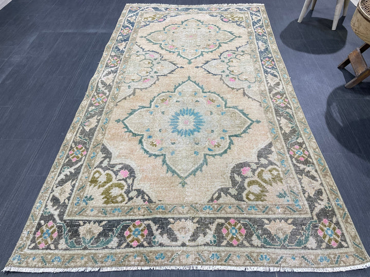 Beige Turkish Runner Rug 3' 8" x 6' 9" Hand-Knotted close-up