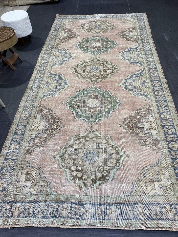 Beige Turkish Distressed Runner Rug 5' x 10' 7" Hand-Knotted | No. WR60725