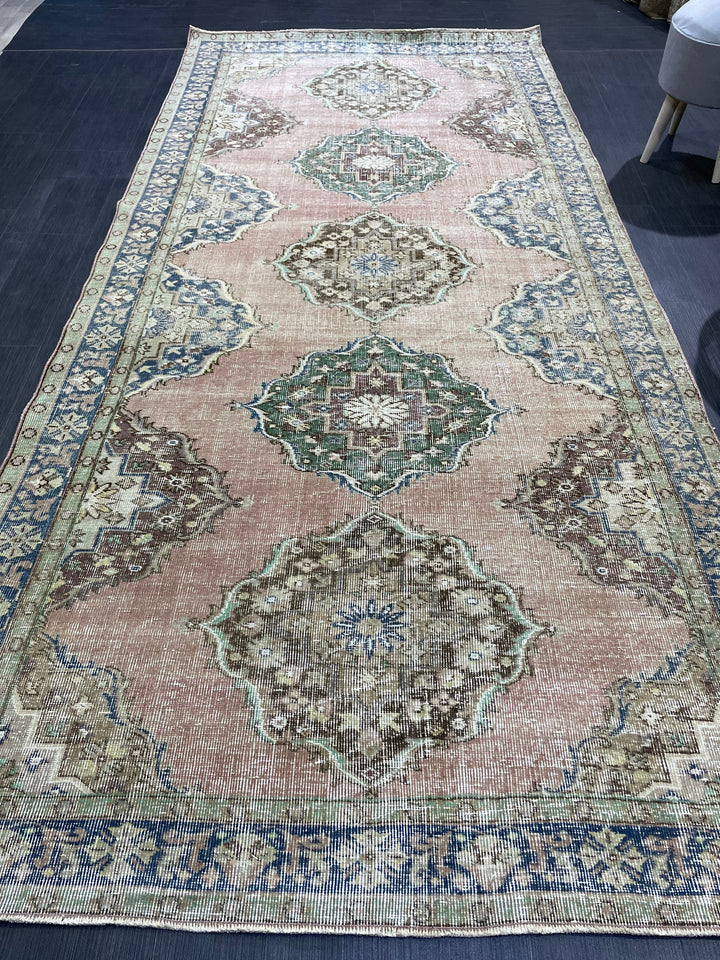 Beige Turkish Distressed Runner Rug 5' x 10' 7" Hand-Knotted | No. WR60725