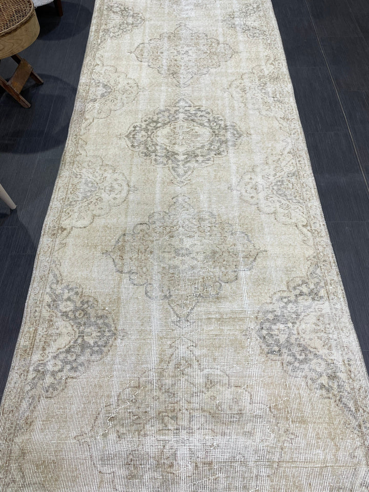 Beige Turkish Runner Rug 3' 7" x 10' 10" Hand-Knotted reverse