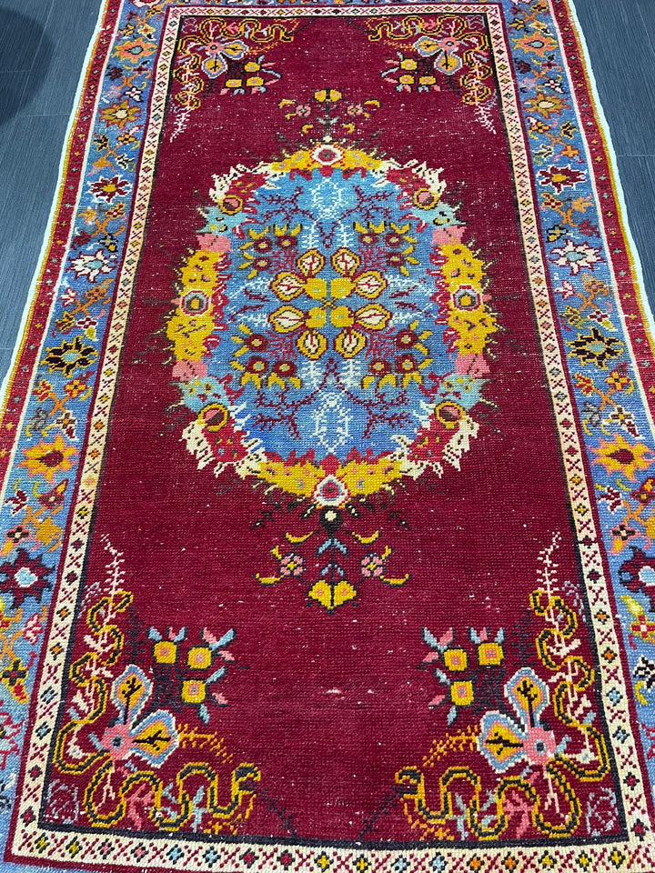 Red Turkish Vintage Rug 3' x 5' 7" Hand-Knotted texture