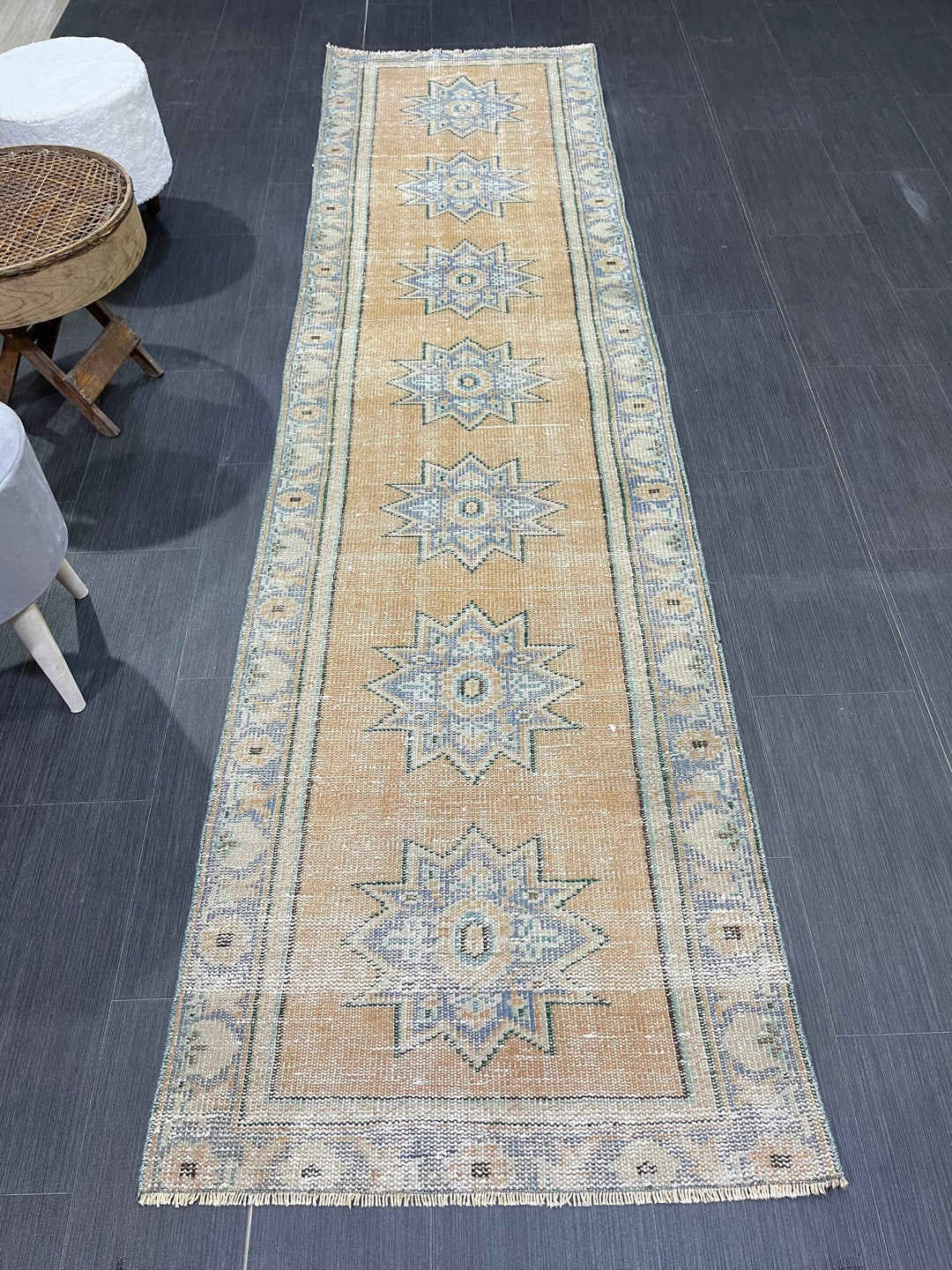 Beige Turkish Runner Rug 2' 6" x 9' 8" Hand-Knotted close-up