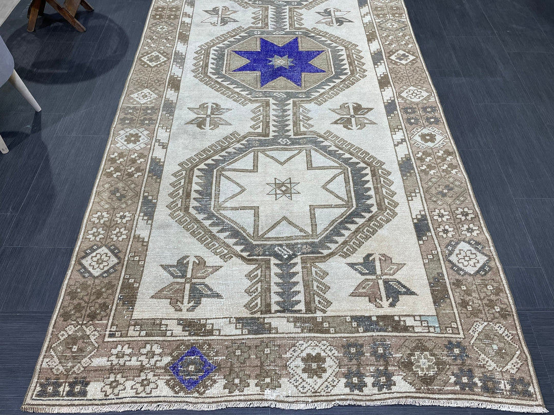 Beige Turkish Runner Rug 4' 4" x 12' Hand-Knotted close-up