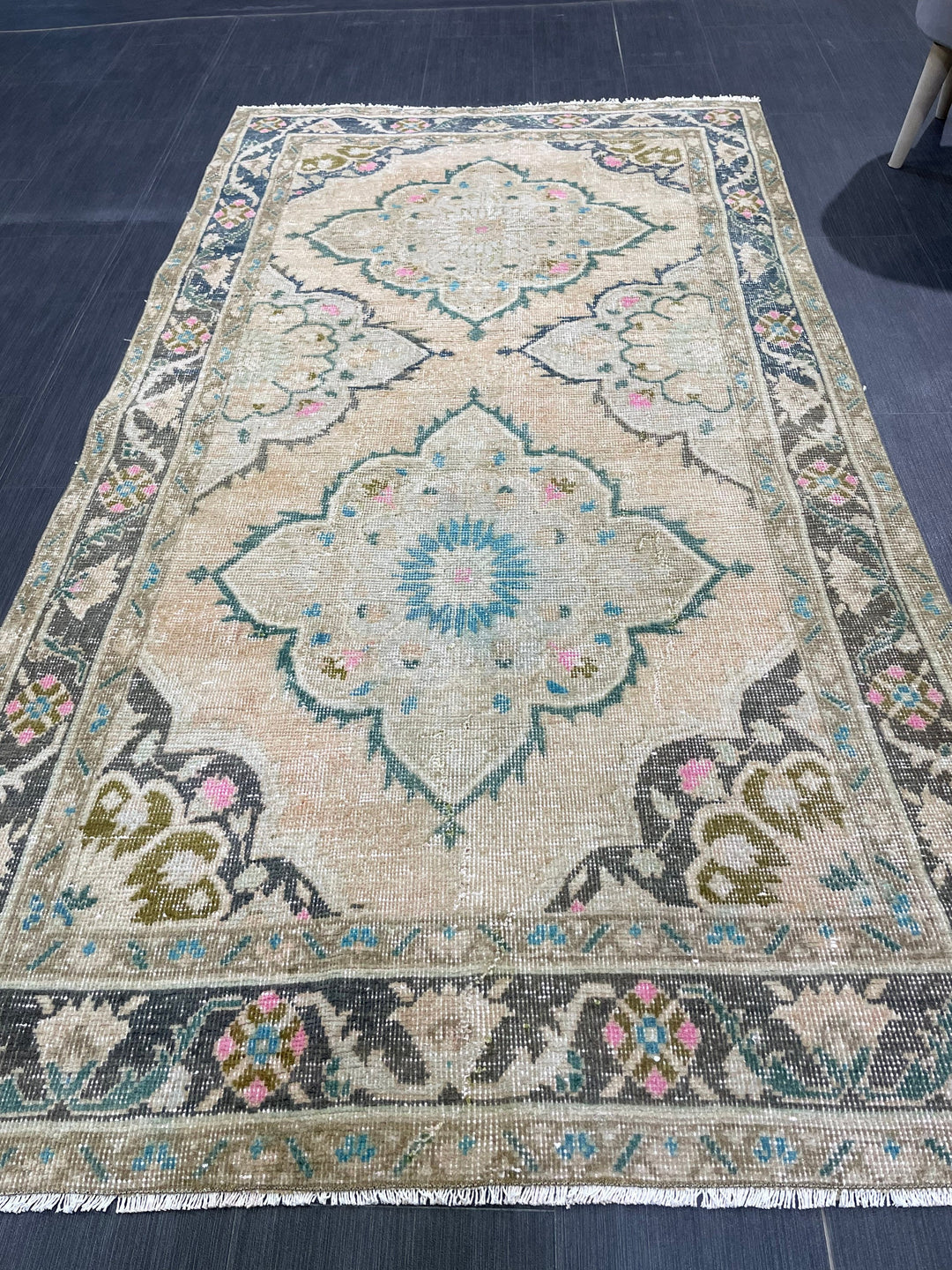 Beige Turkish Runner Rug 3' 8" x 6' 9" Hand-Knotted texture