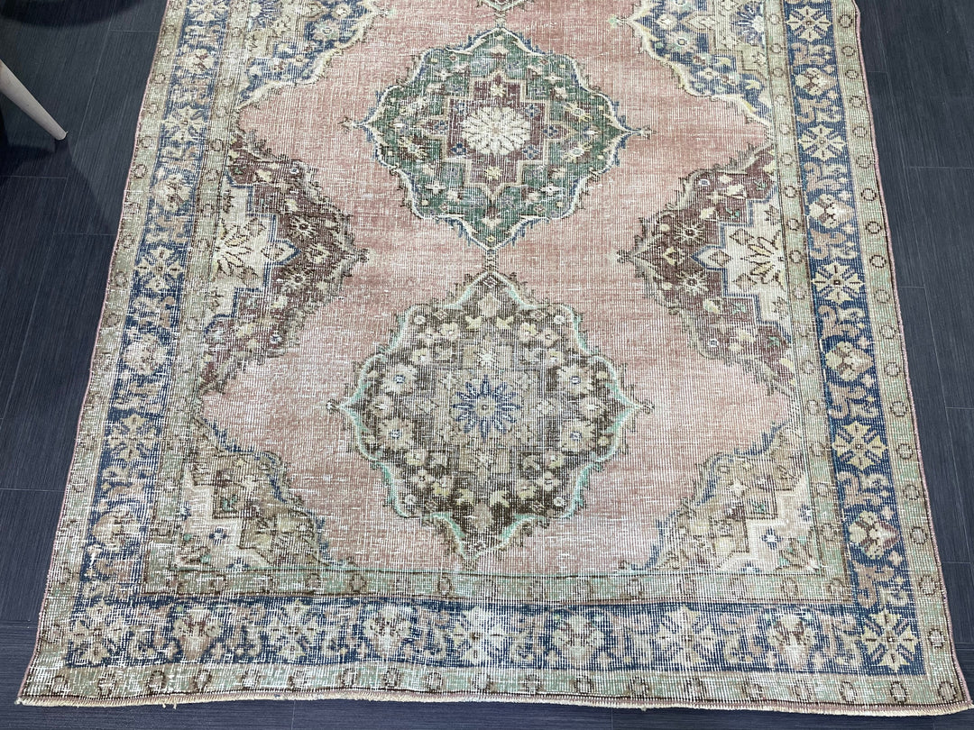 Beige Turkish Distressed Runner Rug 5' x 10' 7" Hand-Knotted | No. WR60725