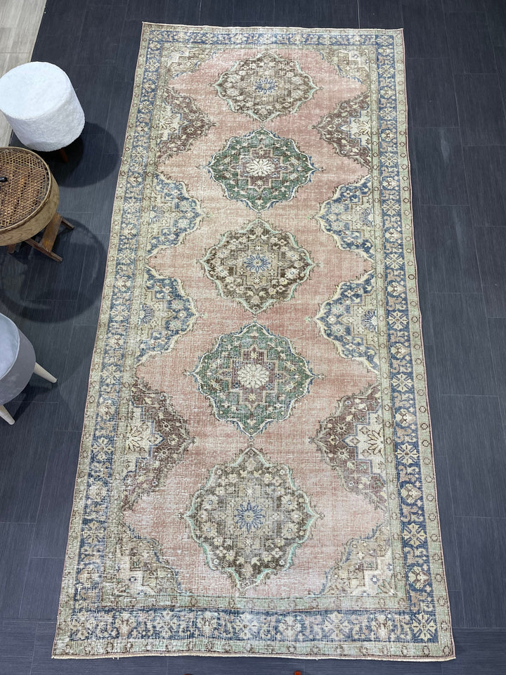 Beige Turkish Distressed Runner Rug 5' x 10' 7" Hand-Knotted | No. WR60725