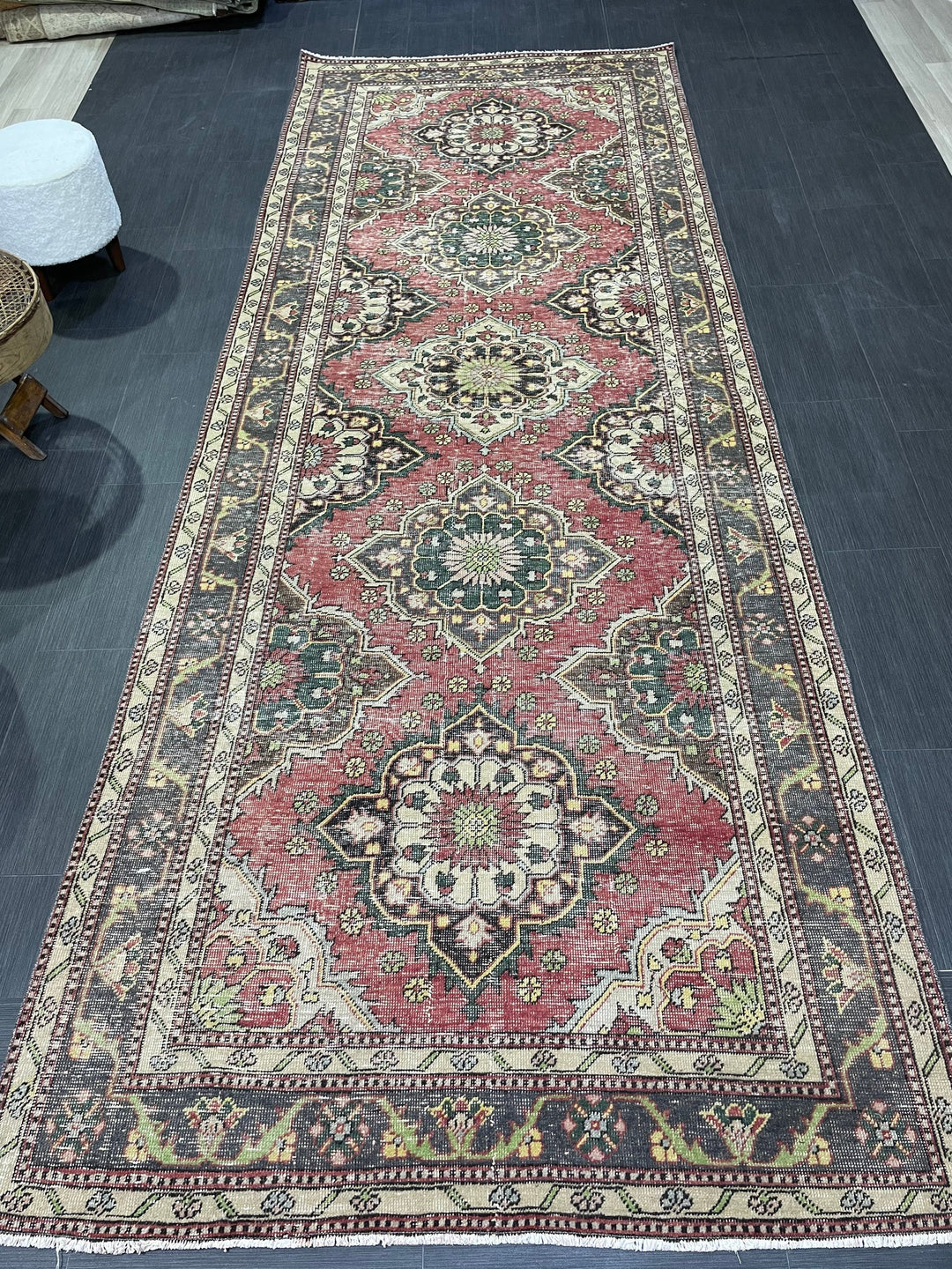 Beige Turkish Runner Rug 4' 7" x 12' 3" Hand-Knotted close-up