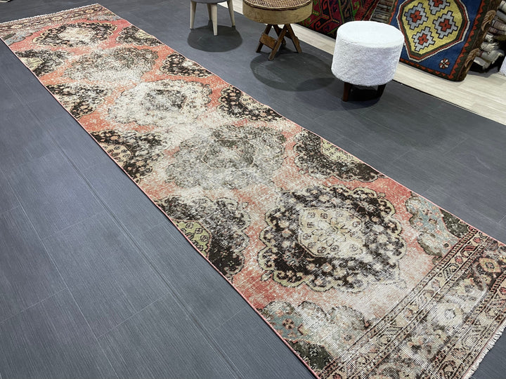 Beige Turkish Distressed Runner Rug 2' 11" x 12' 2" Hand-Knotted | No. WR83930