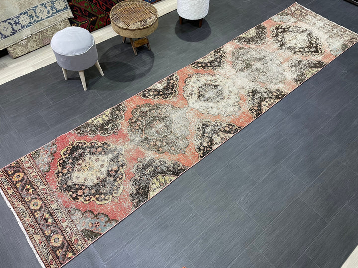 Beige Turkish Distressed Runner Rug 2' 11" x 12' 2" Hand-Knotted | No. WR83930