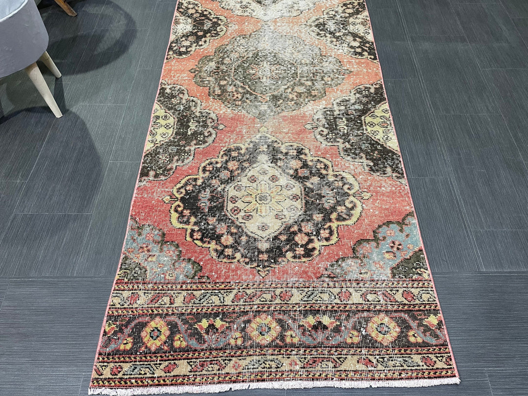 Beige Turkish Distressed Runner Rug 2' 11" x 12' 2" Hand-Knotted | No. WR83930