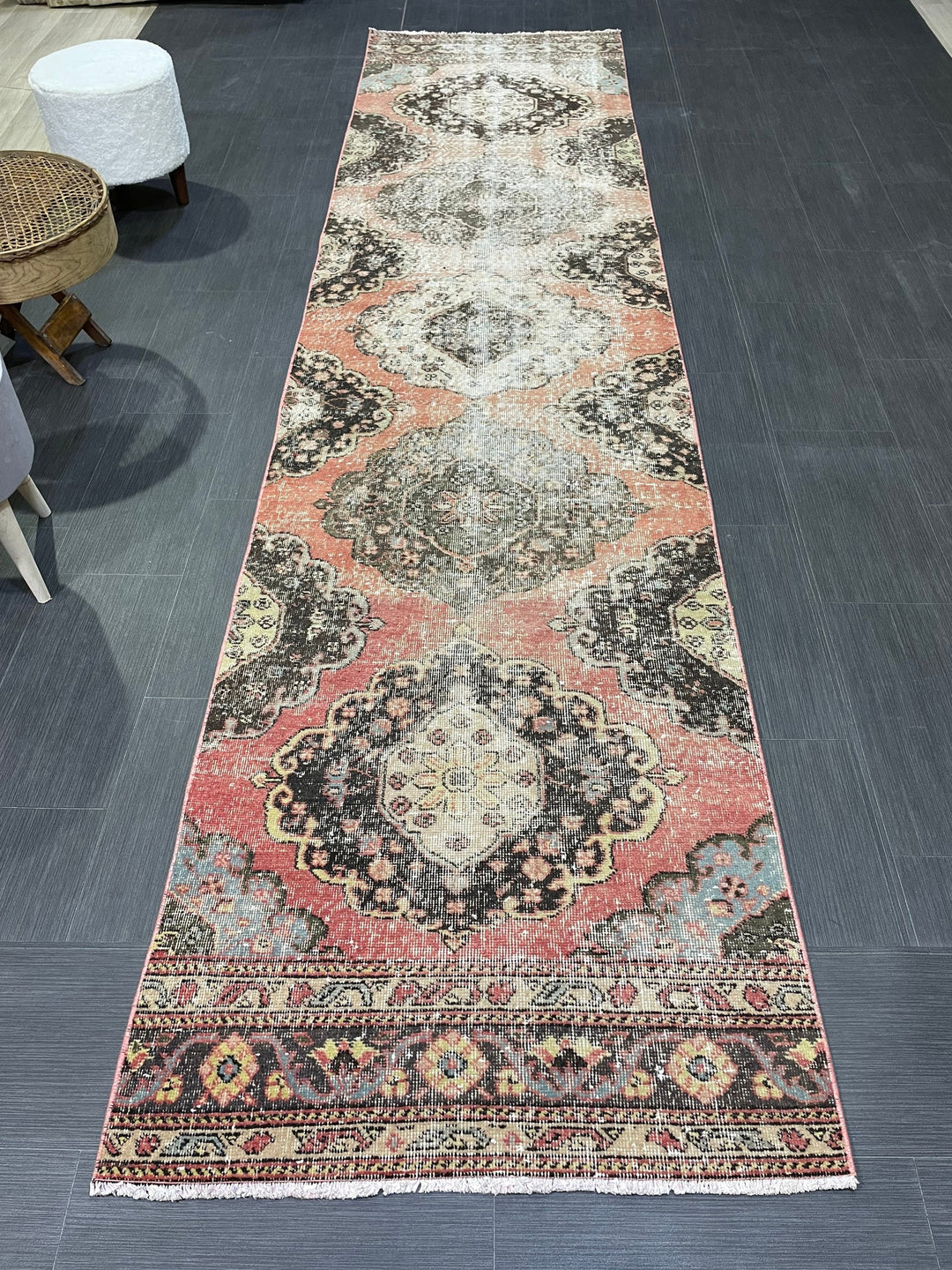 Beige Turkish Distressed Runner Rug 2' 11" x 12' 2" Hand-Knotted | No. WR83930
