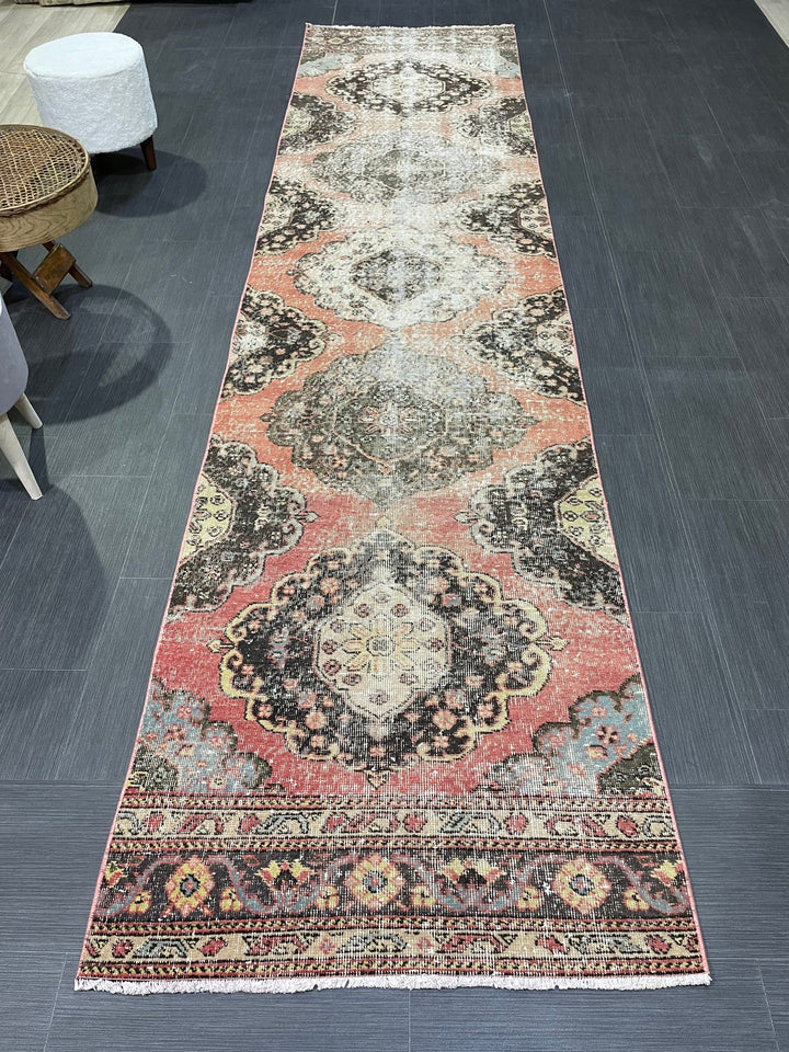 Beige Turkish Distressed Runner Rug 2' 11" x 12' 2" Hand-Knotted | No. WR83930