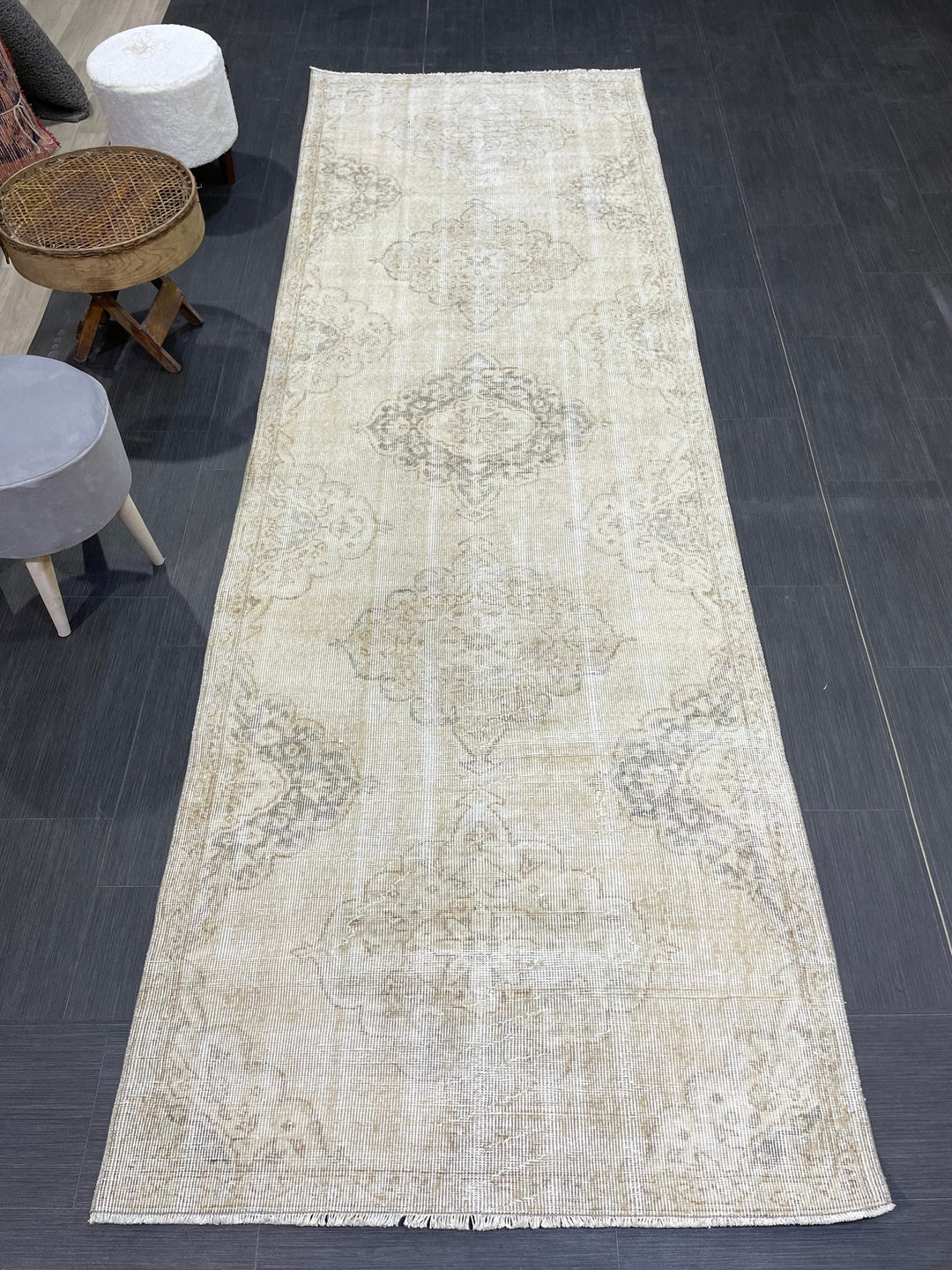 Beige Turkish Runner Rug 3' 7" x 10' 10" Hand-Knotted field