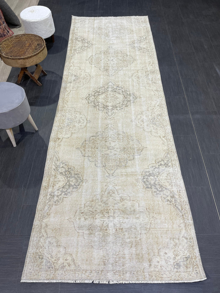 Beige Turkish Runner Rug 3' 7" x 10' 10" Hand-Knotted field