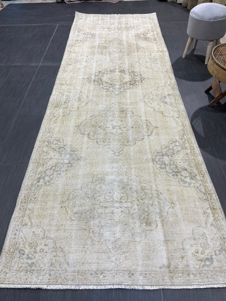 Beige Turkish Runner Rug 3' 7" x 10' 10" Hand-Knotted close-up