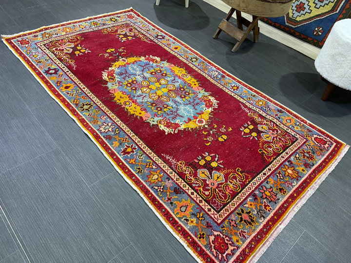 Red Turkish Vintage Rug 3' x 5' 7" Hand-Knotted
