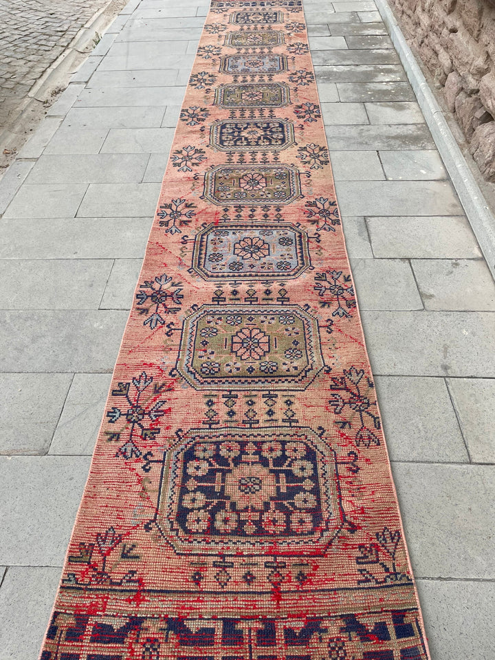 Beige Turkish Runner Rug 2' 8" x 17' 4" Hand-Knotted pattern