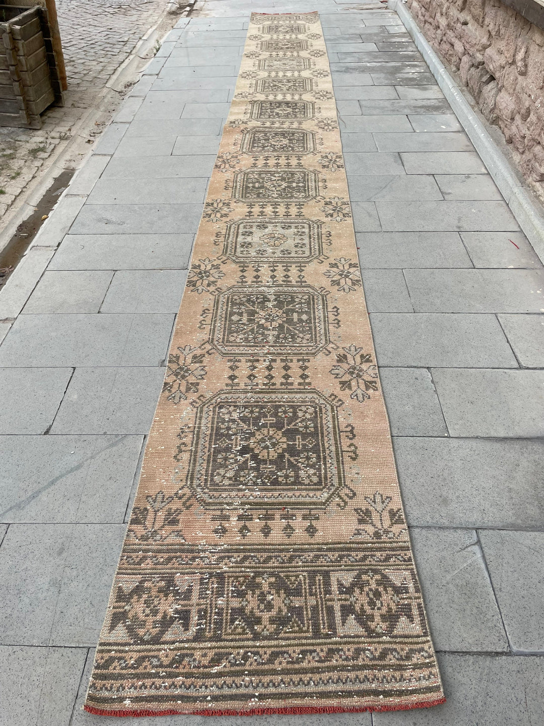 Beige Turkish Runner Rug 2' 4" x 21' 4" Hand-Knotted close-up