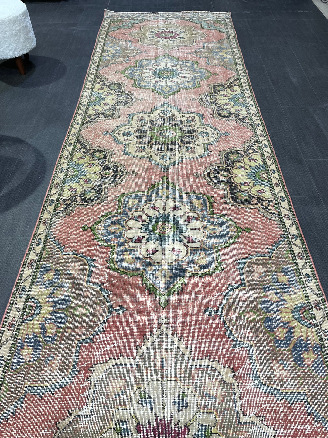 Beige Turkish Runner Rug 3' 7" x 12' 4" Hand-Knotted reverse